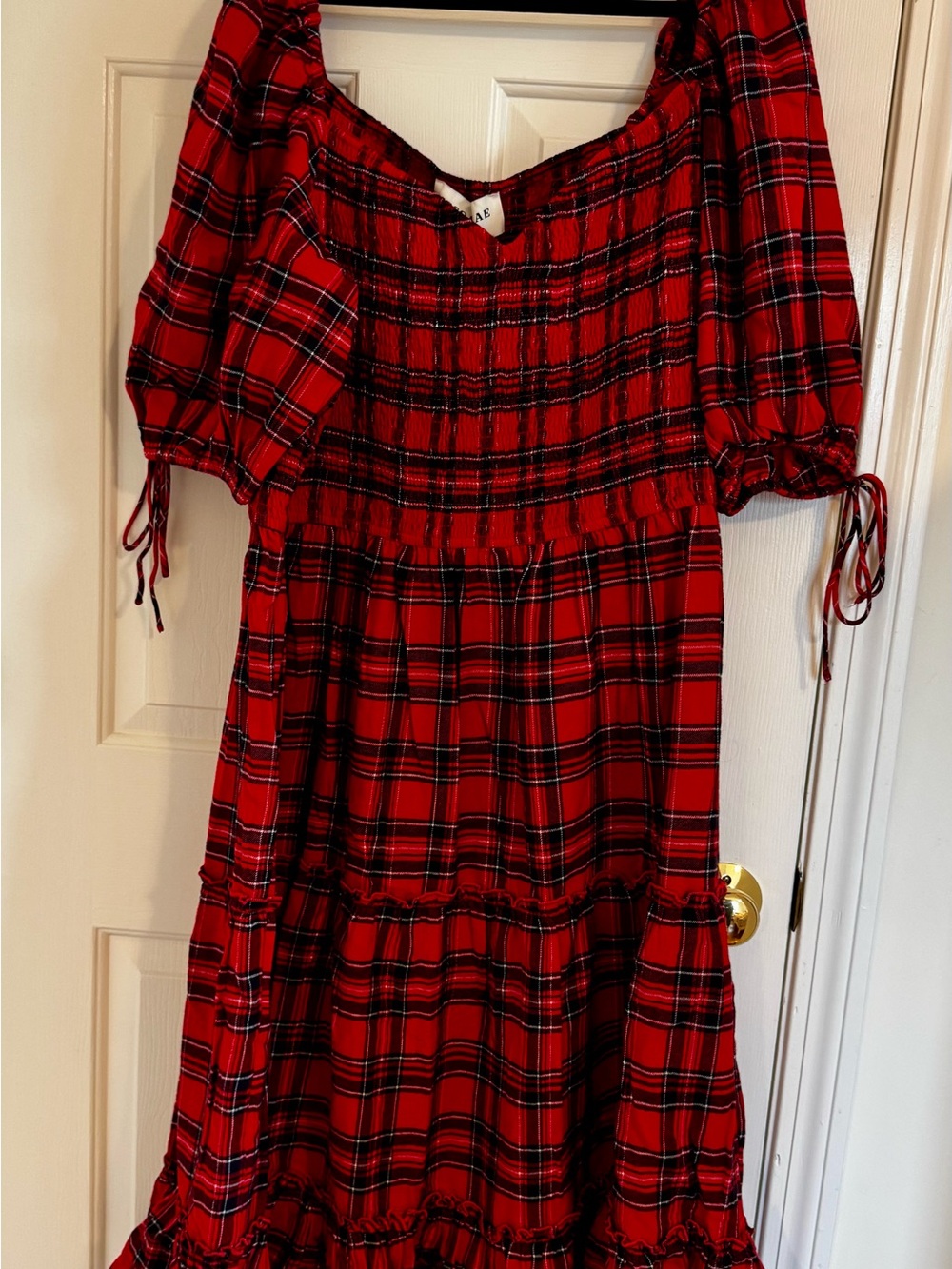 JessaKae Red & Navy Plaid Flannel Puff Sleeve Dress
